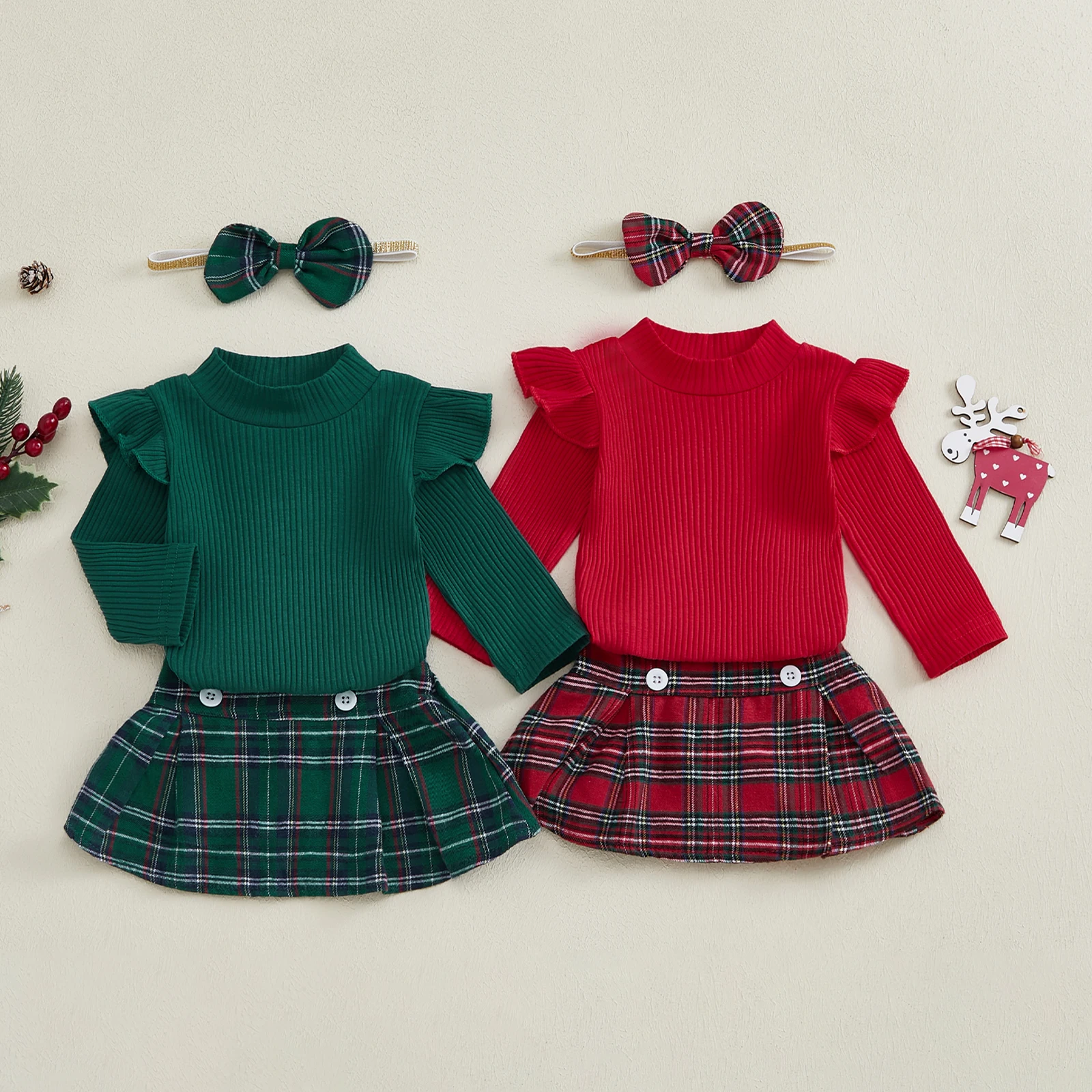 SUNSIOM 0-18 Months Baby Girls Christmas Plaid Skirt Set Long Sleeve Romper Button A-Line Short Skirt Bow Headband Outfits