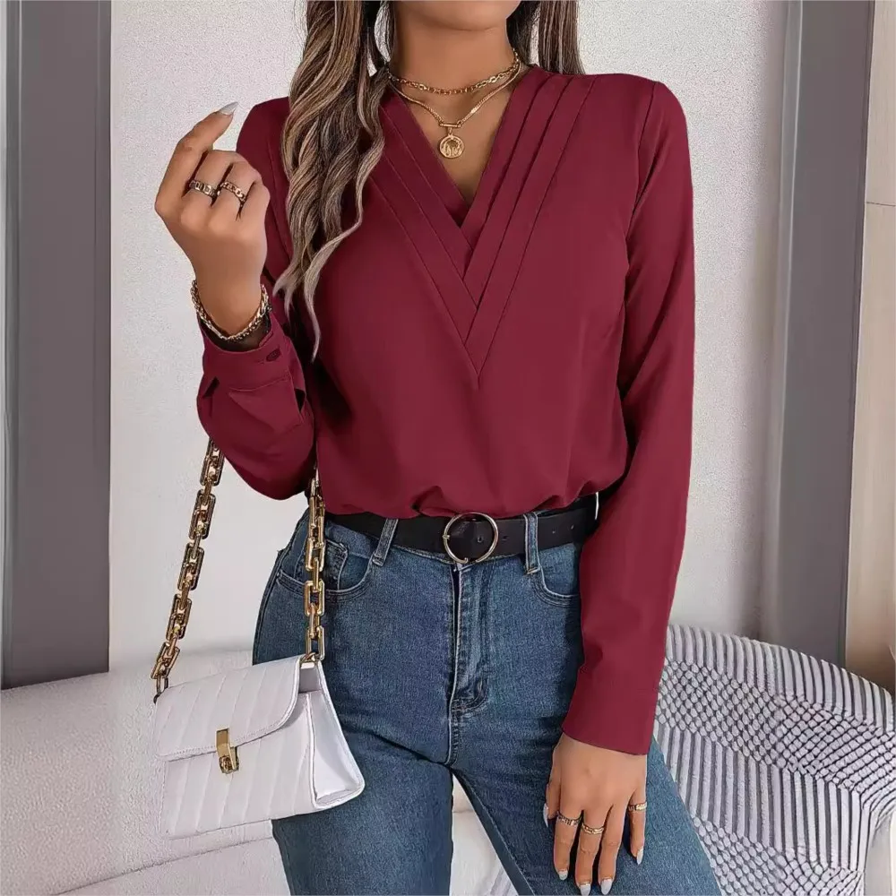 Office Lady Slim Red Pullover Blouse Tops 2024 Autumn/winter Elegant Solid Color Layered V-neck Long Sleeved Shirt Femme Blusas