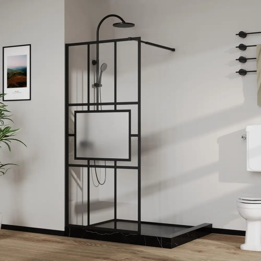 

Goodyo 34" X 72" Shower Door Walk-in Black Finish French Grid Pattern