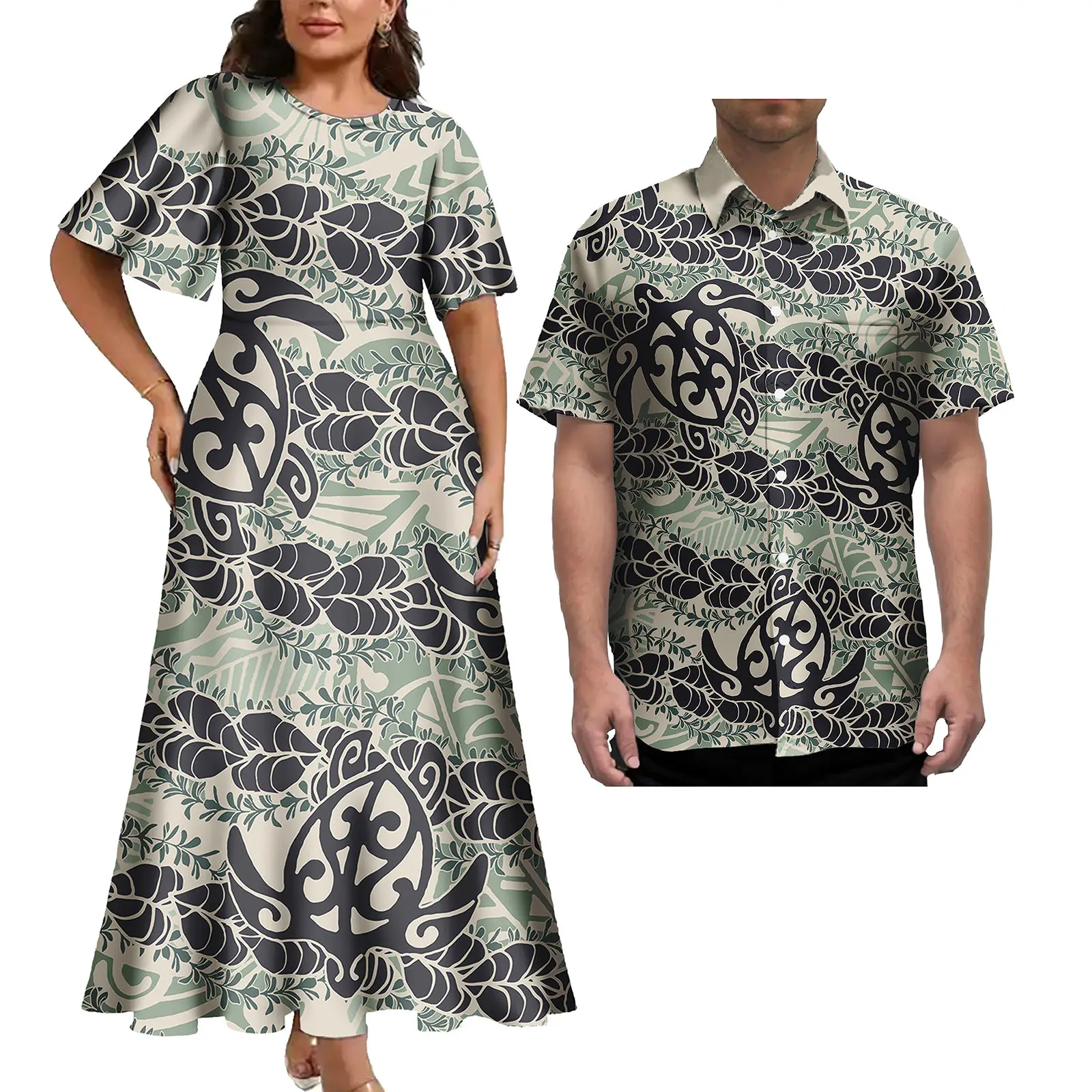 เสื้อผ้าโปลีนีเซียที่หรูหรา Samoan Tapa พิมพ์แฟชั่นคู่รักชุดจับคู่ชุดและเสื้อเชิ้ต Pacific Island สําหรับผู้ชายและผู้หญิง
