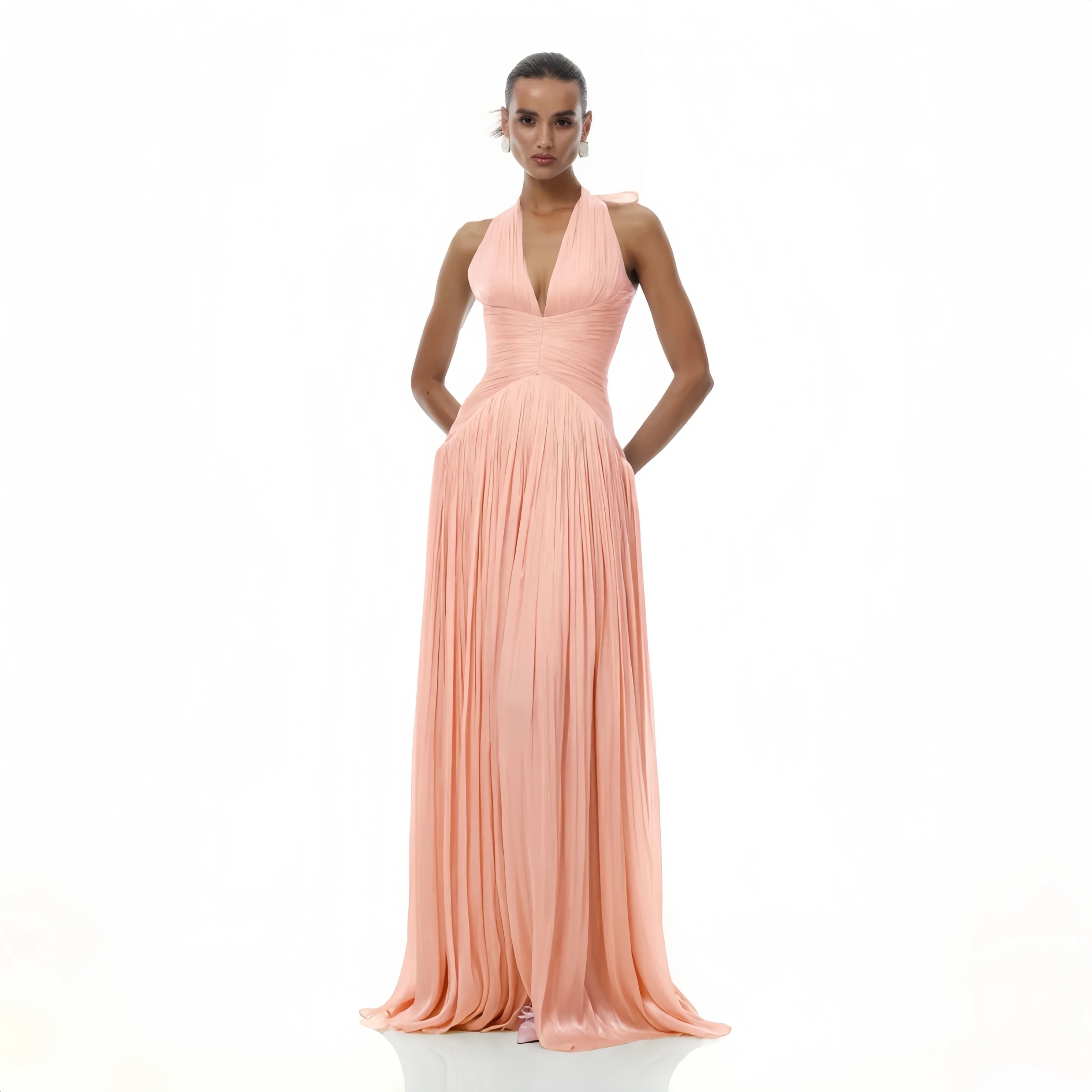Pink A-line Shiny Satin Arab Prom Dresses V-neck Sleeveless Evening Party Gown Dubai Long Dress Robes De Soirée Customized view 3