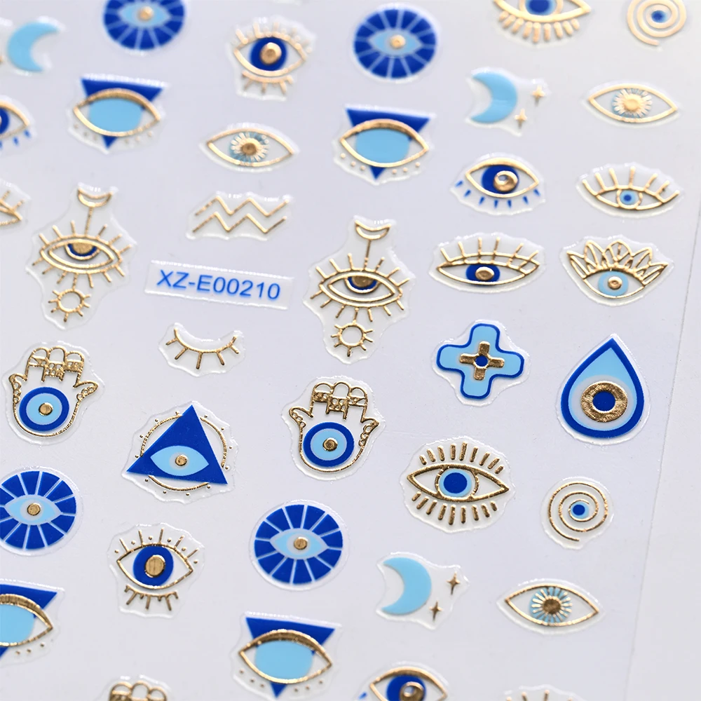 1 hoja de pegatinas 3D para uñas de estrella mal de ojo, pegatinas autoadhesivas para uñas de serpiente y estrella dorada azul, suministros para uñas de diseño francés de Halloween para verano