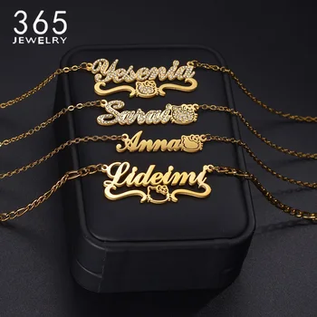 365 다양한 맞춤형 이름 목걸이, 귀여운 고양이 모양, 맞춤 이름, 라인석 명판, 여성 쥬얼리, 생일 선물