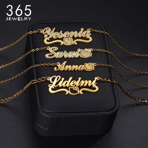 365 Multiple Personalized Name Necklace Cute Cat Shaped Custom Name Rhinestones Nameplate For Women Girls Jewelry Birthday Gifts