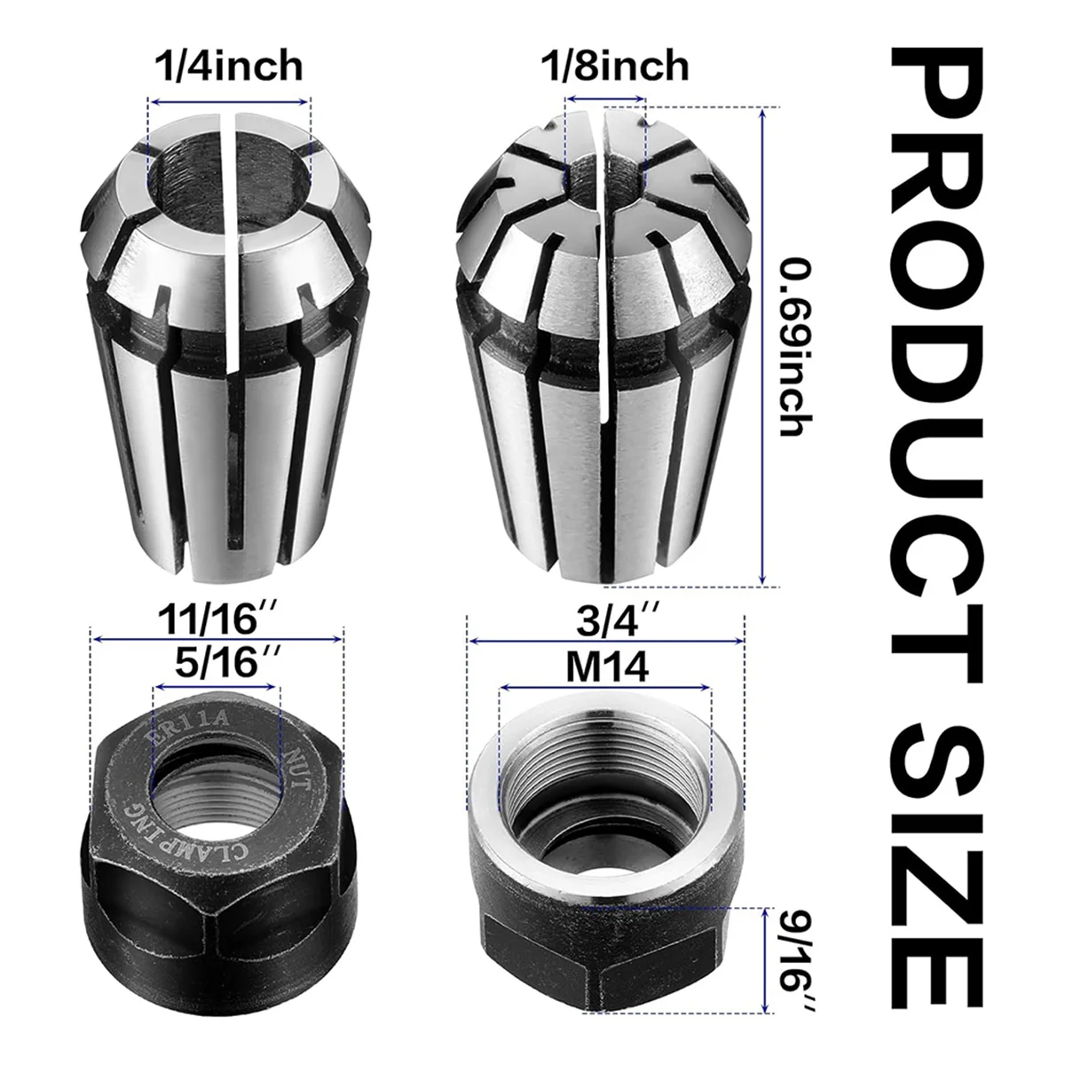 

ABNJ 9 Pcs Er11 Spring Collet Nut Set Er11 1/8inch Collet + 1/4inch Collet + Clamping Nut Precision Spring Collet Set