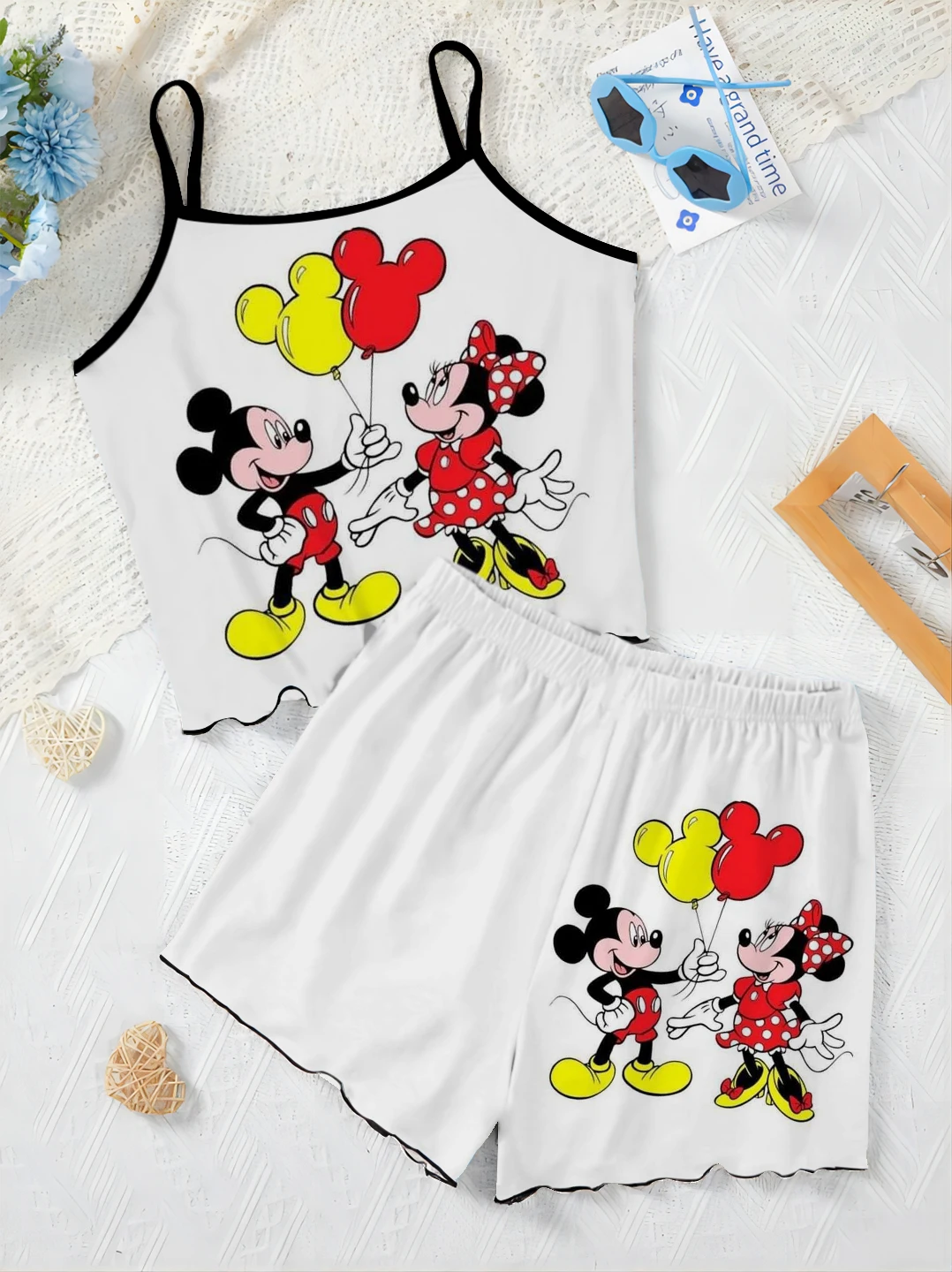 

Women's Suit Short Sets Home Dress Mickey Minnie Mouse Top Disney Pajama Skirt Lettuce Trim T-shirt Pieces Elegant Disney Mickey