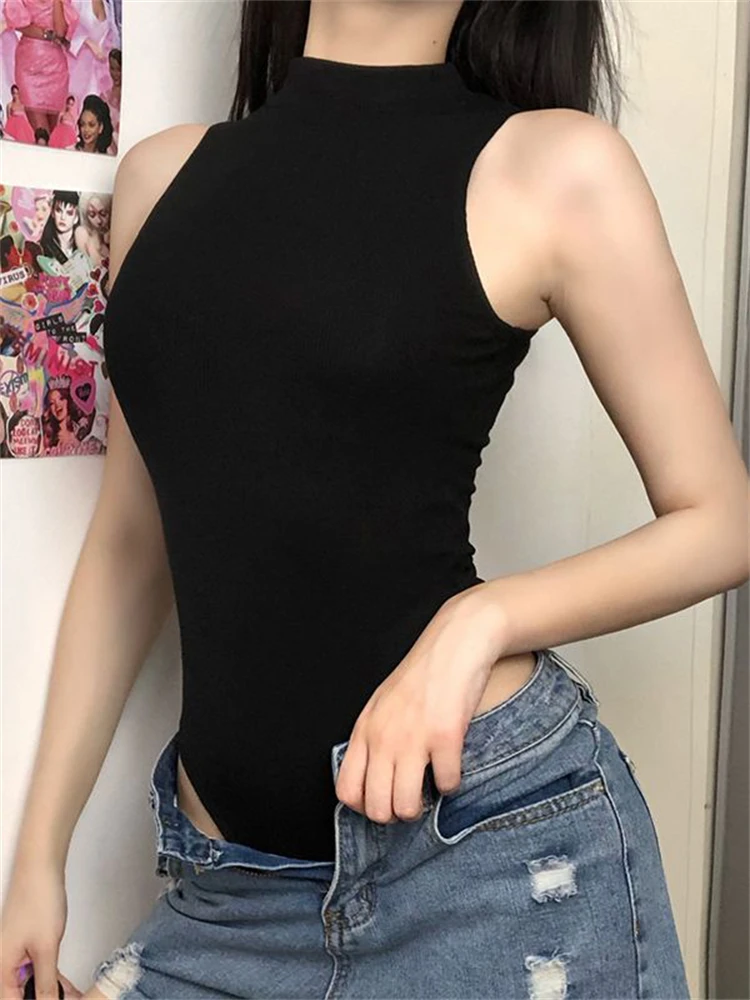 Harajuku Solid Jumpsuit Women Sleeveless Bodycon Sexy Black Body Tops Fashion Streetwear Vintage Y2k Gothic Bodysuits Clothing