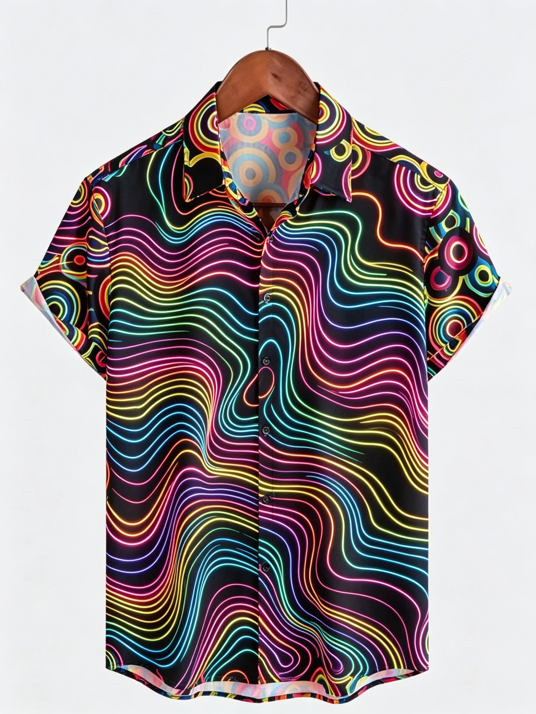 

Men's Spring Summer Lapel Shirt, Neon Psychedelic Wavy Line Print Casual Tops for Party Outfit