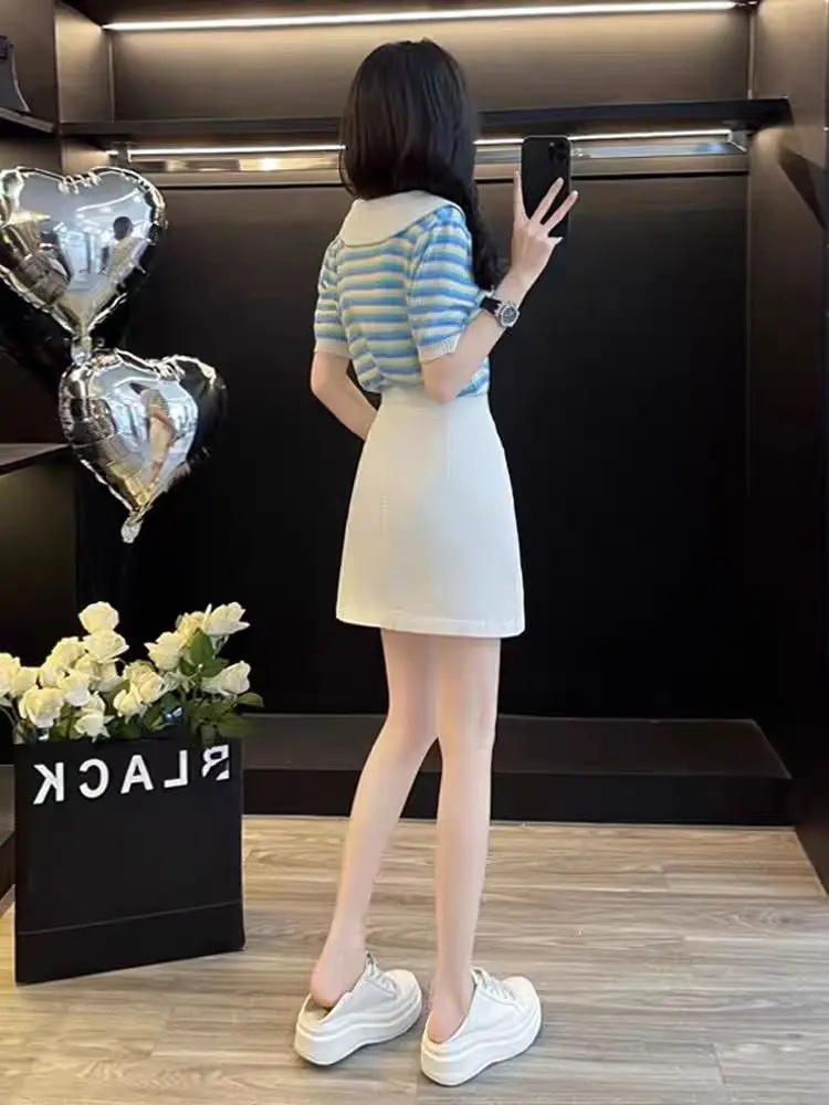 여름 신상 캐주얼 스트라이프 니트 탑과 데님 스커트 투피스 세트 여성 패션 앙상블 또는 V넥