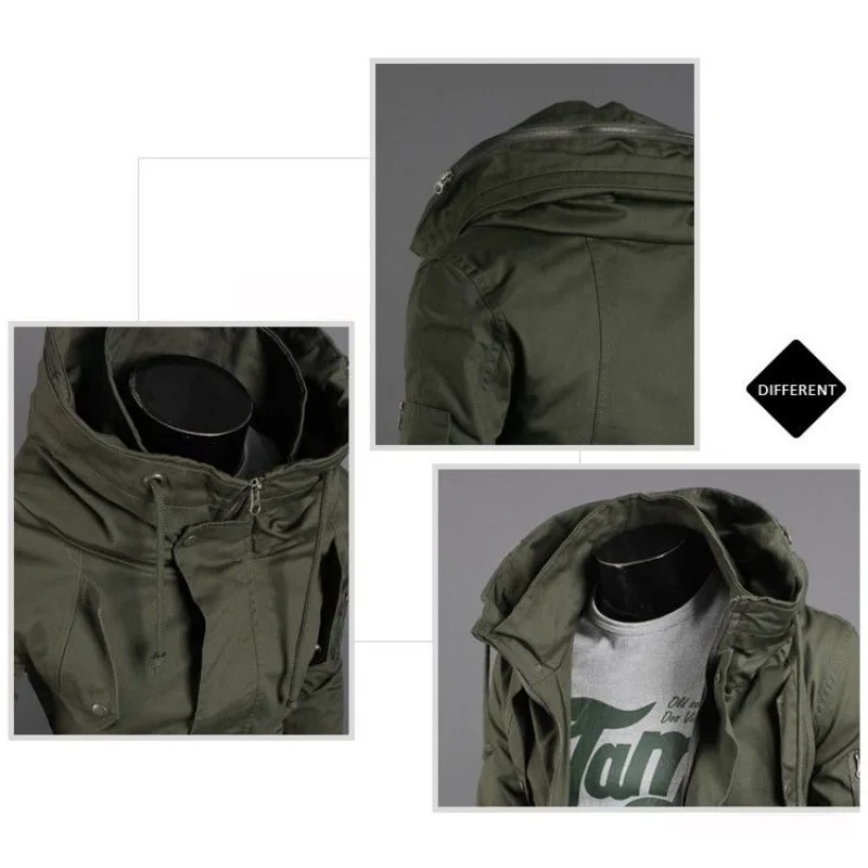 Men Bomber Jacket Military Multi-Pocket Hooded Coat Slim Men Clothing Zipper Long Sleeve Outerwear Green Black Blue Streetwear