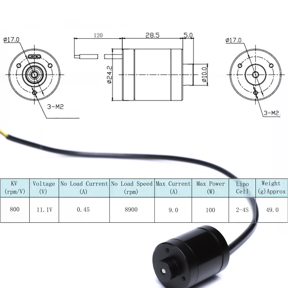 Motor sem escova Lipo para barcos submarinos, propulsor à prova d'água, barcos não tripulados ROVs, 2418, 2-4S, 100W, 250 500