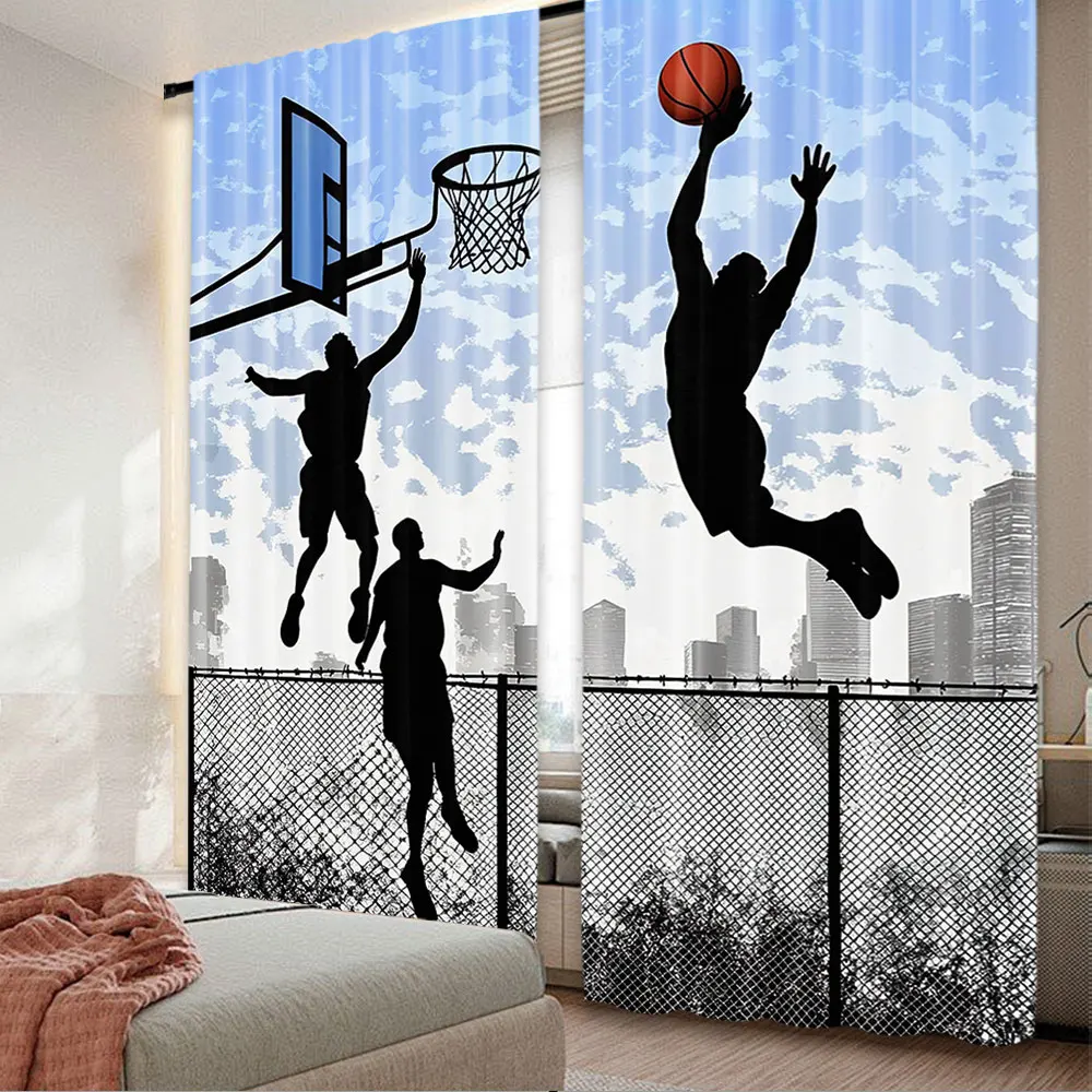 2Pcs Sports Curtains Basketball In The Street Theme Players Playing On Basketball Court For Bedroom Living Room And Dining Room