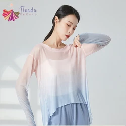 Classical Guaze Dance Top Female Gradient Color Thumb Finger Sleeve Blouse Shirt Performance Costumes Training Top Yoga Clothes