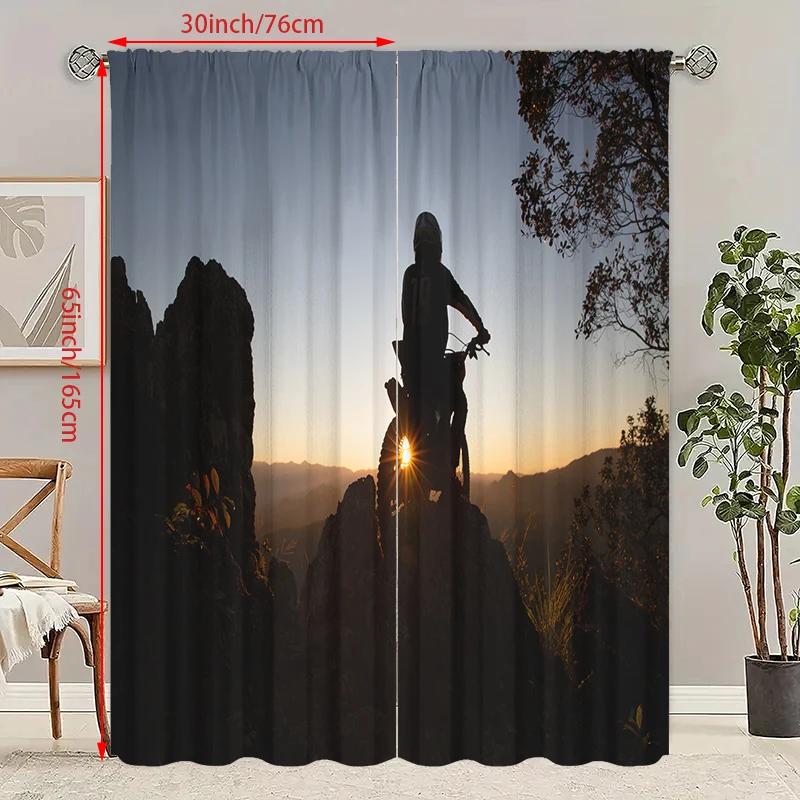 

2 pieces - Biker print curtains, 100% polyester translucent, suitable for bedroom curtains and living room decor