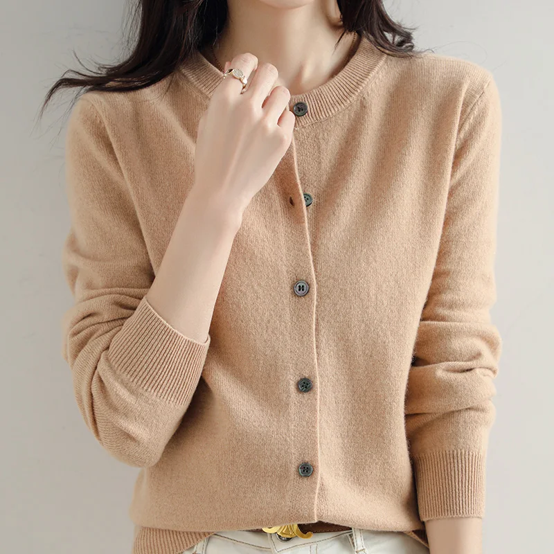 New cashmere women\'s cardigan O-neck sweater spring and autumn winter solid color women\'s long sleeve wool knitted soft top mult