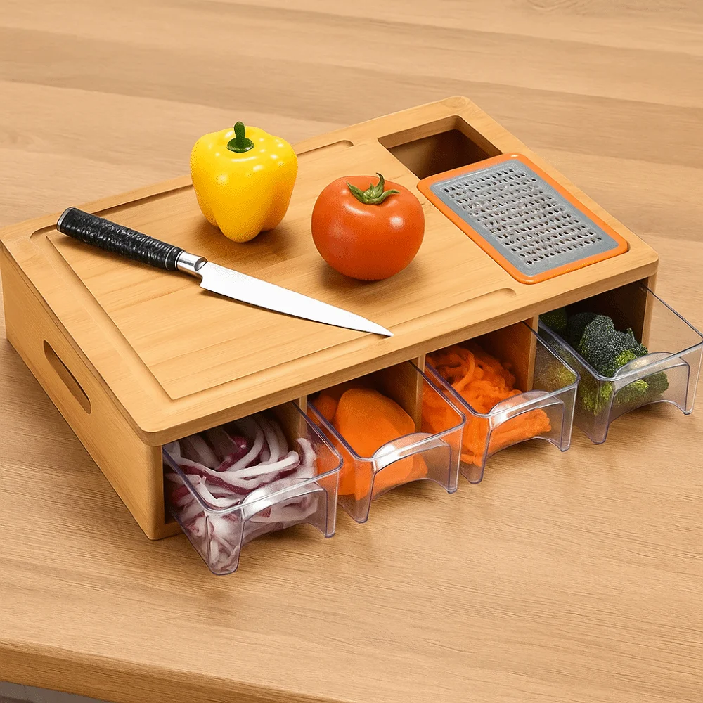 

Bamboo Multifunctional Cutting Board Set with Container and Grater Drawer Design Chopping Board Square Cutting Board Vegetables