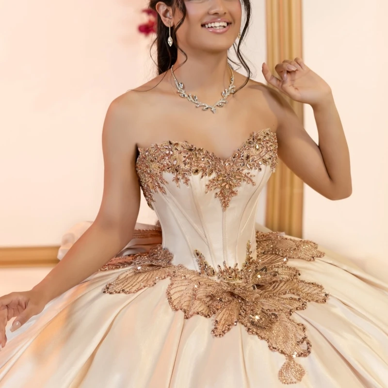 Champagne Quinceanera robes hors de l'épaule Applique dentelle perles cristal tulle Corset fête anniversaire doux 16 robe robes