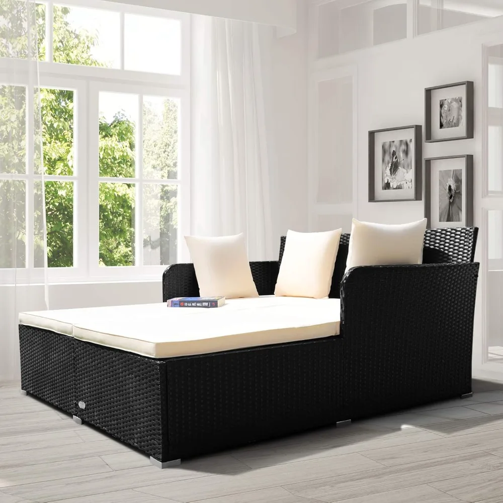 

Outdoor Rattan Daybed, Sunbed Wicker Furniture w/Spacious Seat, Upholstered Cushion & High-Resilience Sponge, Wicker Pa