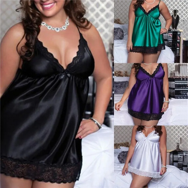 

Sexy V-neck Women Lingerie Night Dress Sleeveless Ladies Satin Nightgown Plus Size XL-5XL Lace Sleepwear Nightwear Lingeries