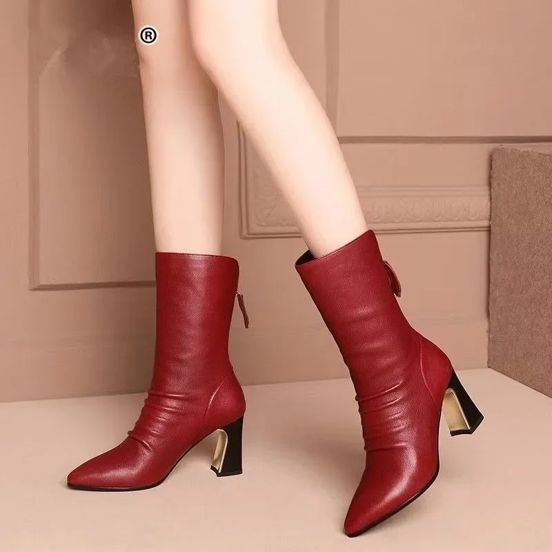 2024 zapatos de mujer de alta calidad, botas a media pantorrilla para mujer, botas modernas con cremallera trasera a la moda, tacones plisados sexis con punta estrecha para mujer