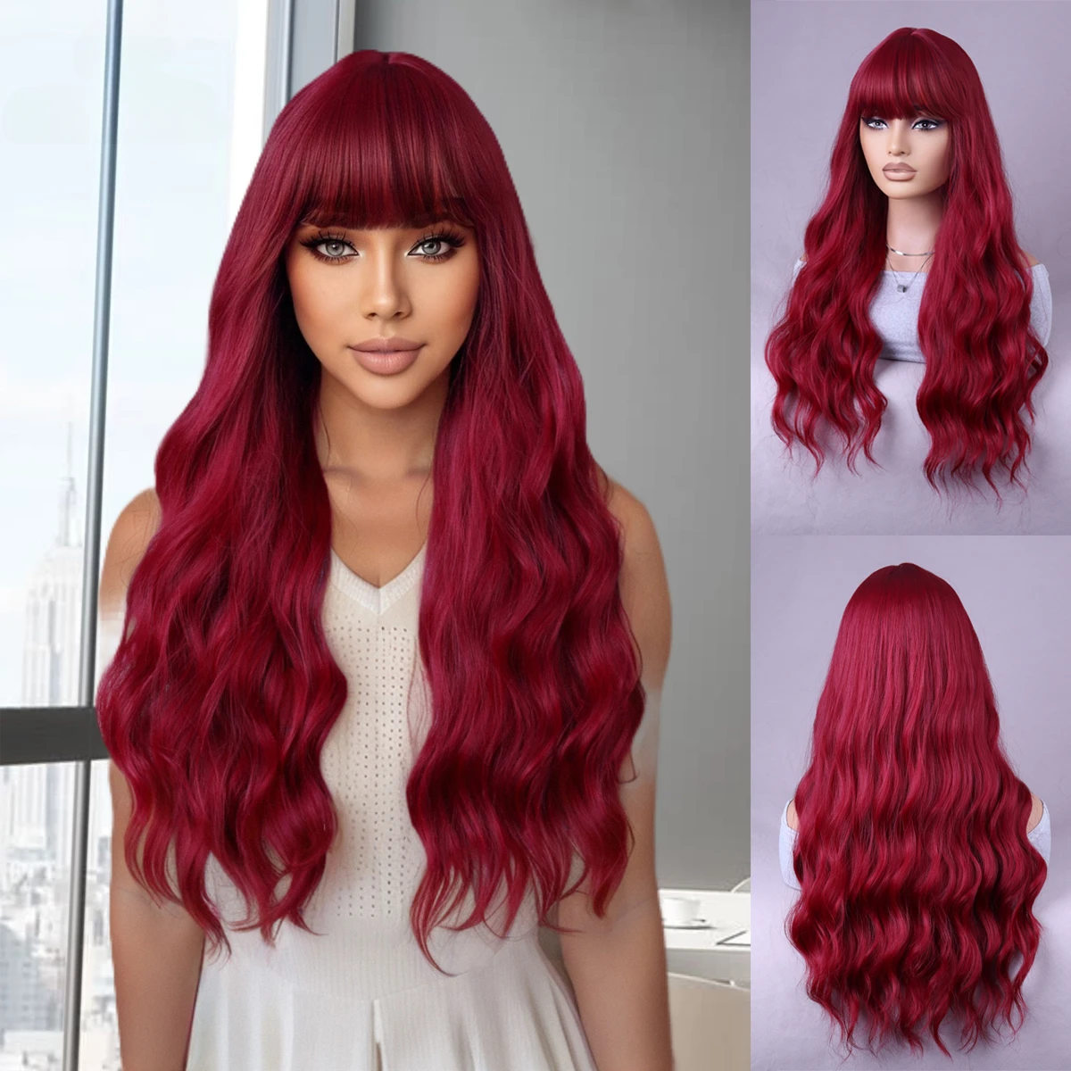 

Wine red trim bangs Long Wavy curly Natural synthetic heat resistant fiber everyday party Wigs 26 inches