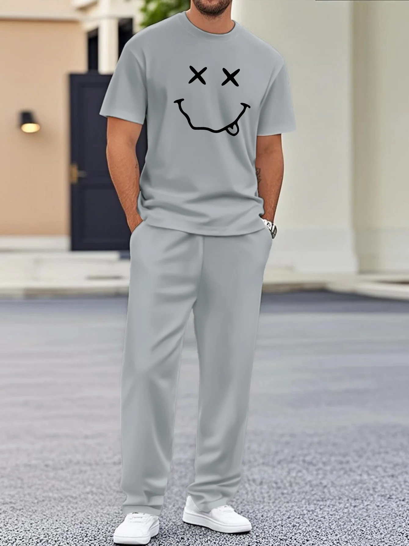 

2026 Summer New Men's Short-Sleeved Long Pants Set with 3D Happy Face Pattern Print for Street Casual Comfort and Softness