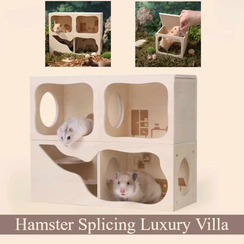 

Hamster Splicing Luxury Villa 1pc Small Nest Solid Wood Hideaway House, For Hamster Squirrel, Small Animal Cage Accessories