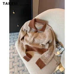 Women's Vintage Knitting Long Sleeve Casual Pullovers 2023 Winter Turn Down Collar Jumpers Patchwork Loose Retro Sweater Top