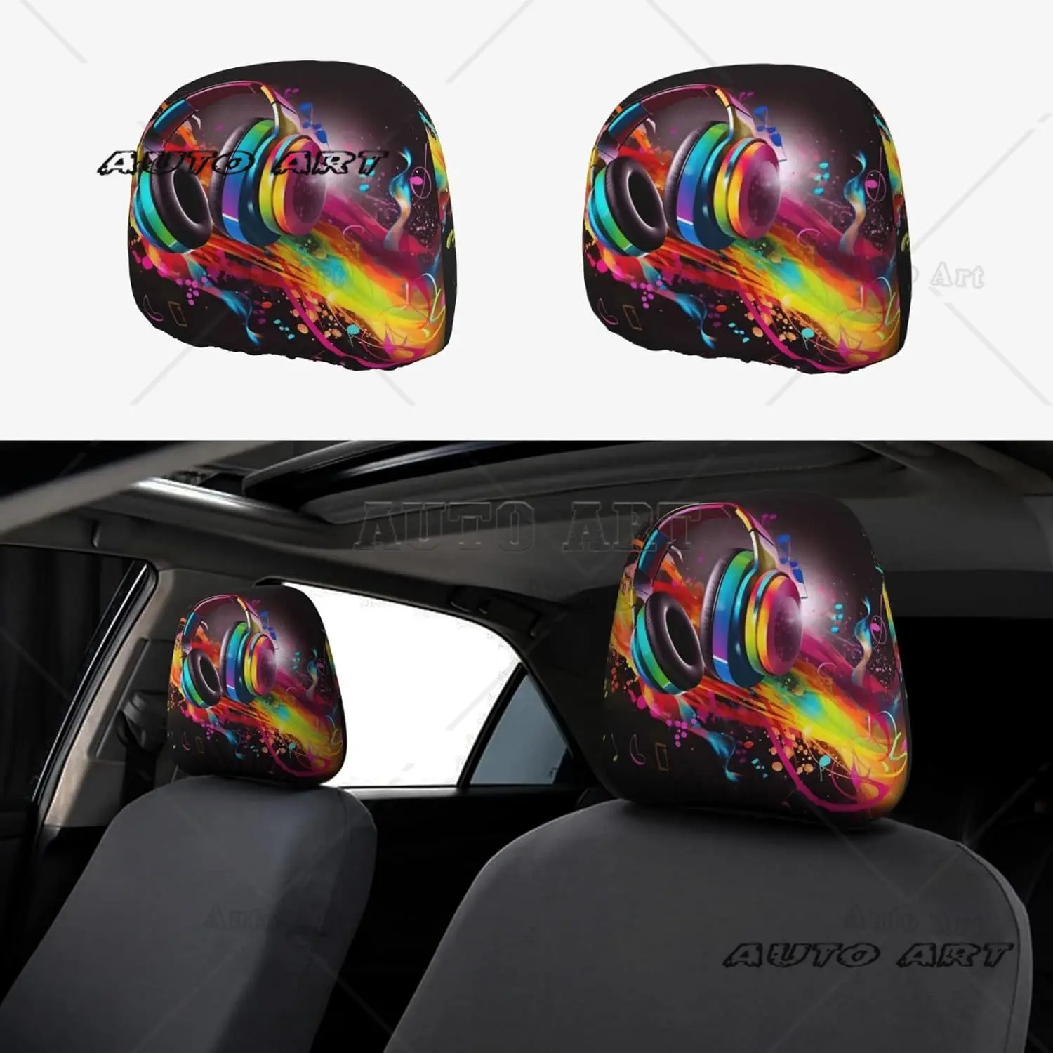 

Colorful Music Car Headrest Cover 2 Pcs Soft Breathable Car Head Rest Cover Elastic Washable Car Accessories Headrest Protector