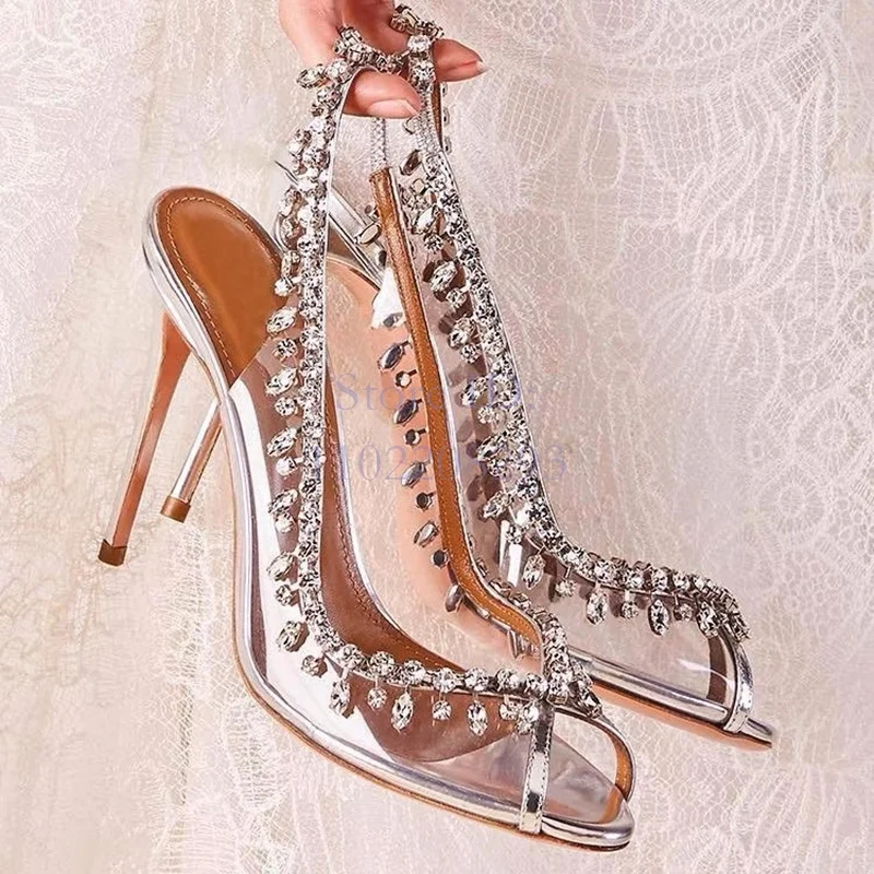 

Bling Crystal Chain Stilettos Sandals Elegant Peep Toe Clear PVC Rhinestones Ankle Straps Thin High Heels Women Dress Shoes 2024