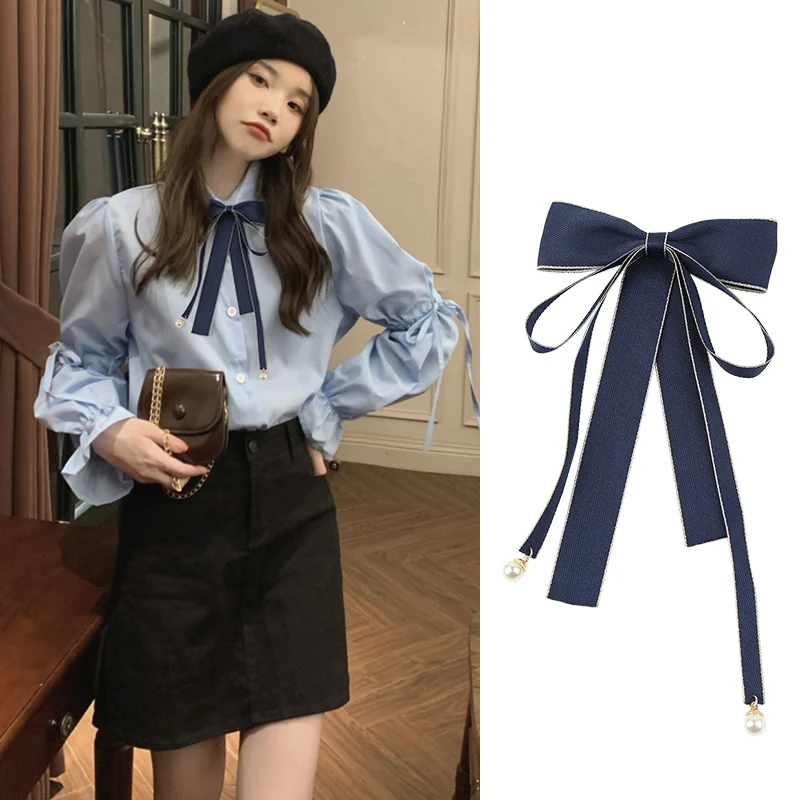 Korean Sweet Long Ribbon Bowtie Brooch Bow Tie Ribbon Ties Necktie College Uniform Shirt Blouse Collar Pin Student Accessories