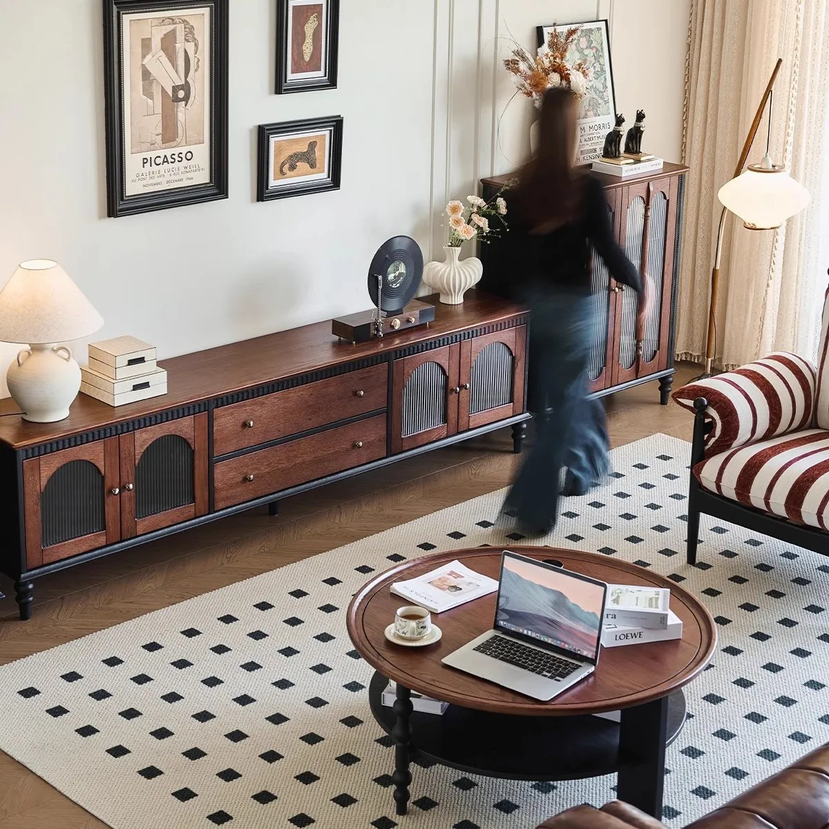French solid wood TV cabinet household small apartment storage floorcabinet living room retro coffeetable combination integrat