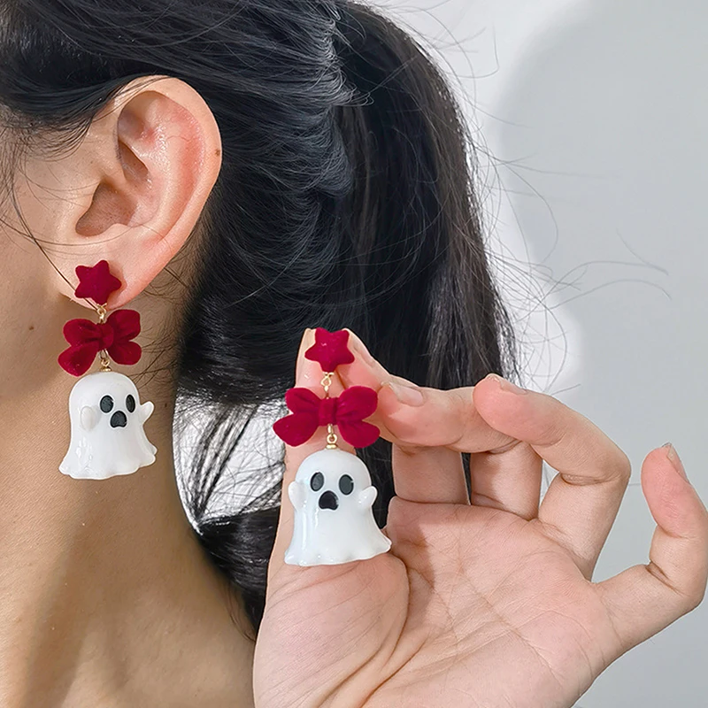 Cute Halloween Ghost Drop Earrings For Women Red Bowknot Flannel Ghost Dangle Earring Christmas Festival Party Jewelry Gift