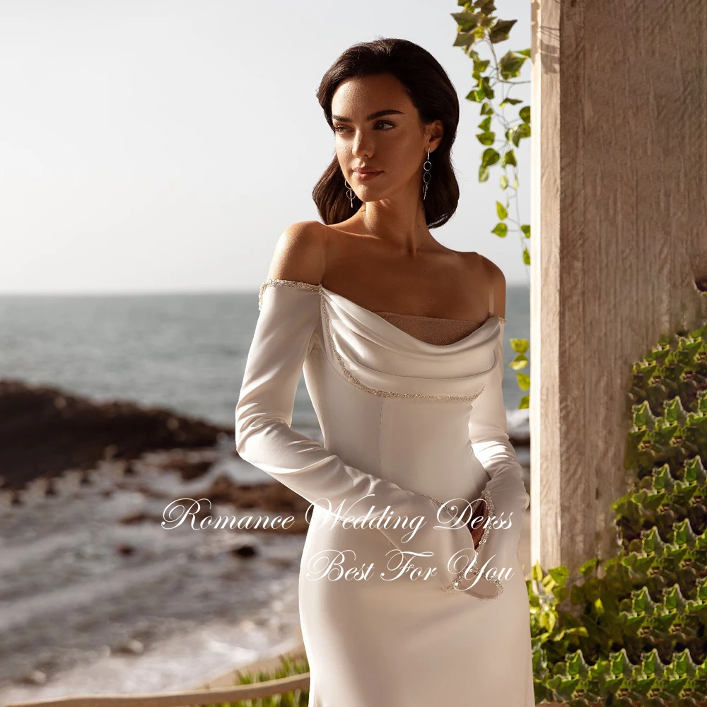 Simple Pleat Boat-Neck Mermaid Wedding Dress Women 2025 Beading Long Sleeves Open Back Bridal Gown Vestidos De Novia Customized