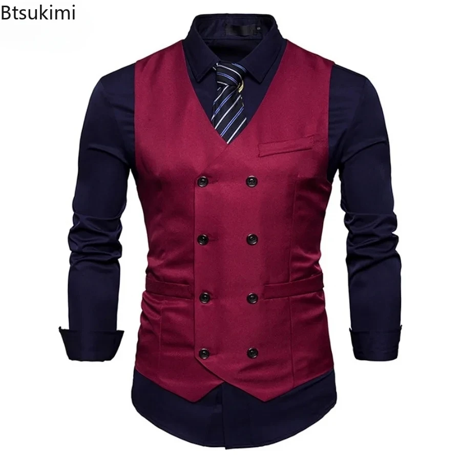 2024 Men\'s Formal Dress Vest Top Double Breasted Casual Tank Tops Solid Slim V-Neck Club Party Suits Vest Formal Waistcoat Men