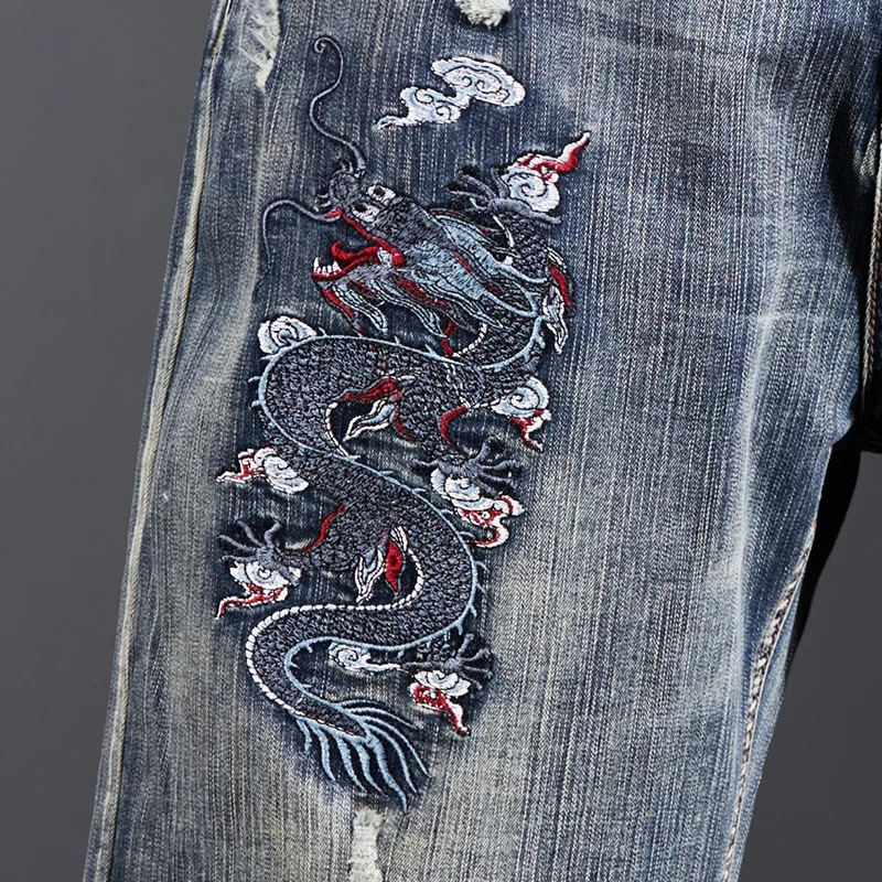 2024 New Chinese Dragon Embroidered Denim Shorts Men's Loose Hole plus Size Retro Washed Street Shorts