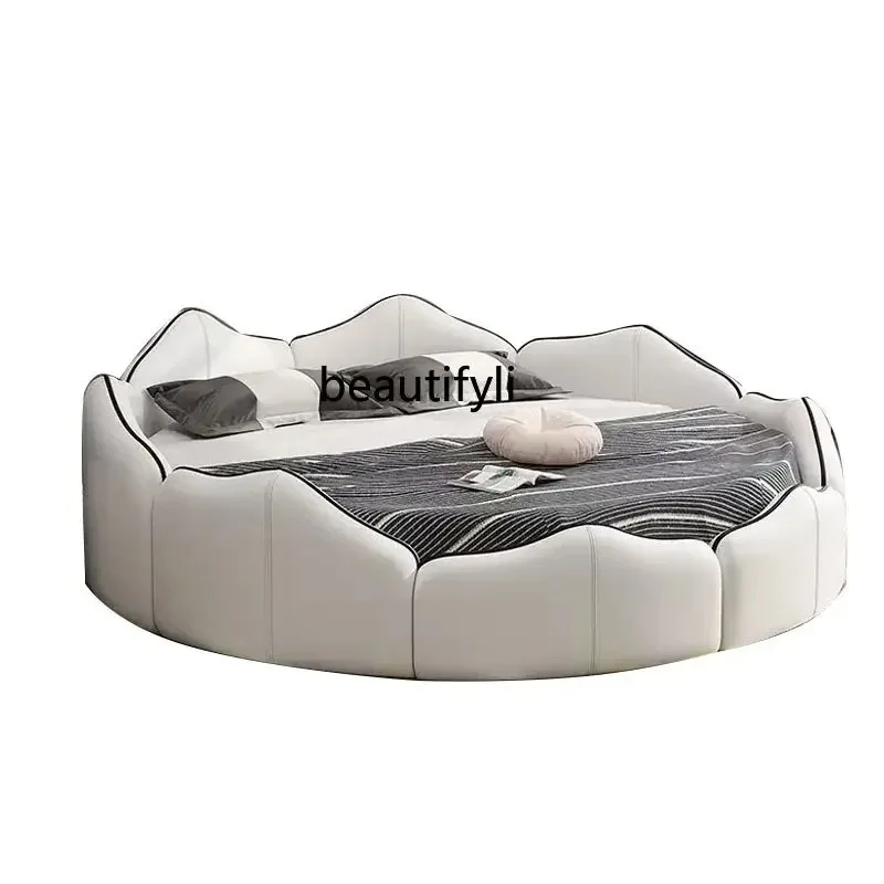 

Genuine Leather Large round Double Master Bedroom Marriage Bed Hotel Creative Modeling Bed Irregular Bed