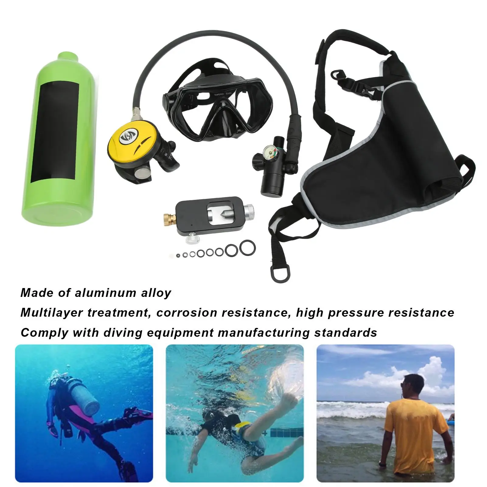 1L Mini Diving Tank Oxygen Cylinder Set - Includes Goggles, Strap, Bag & Adapter - Green Underwater Kit