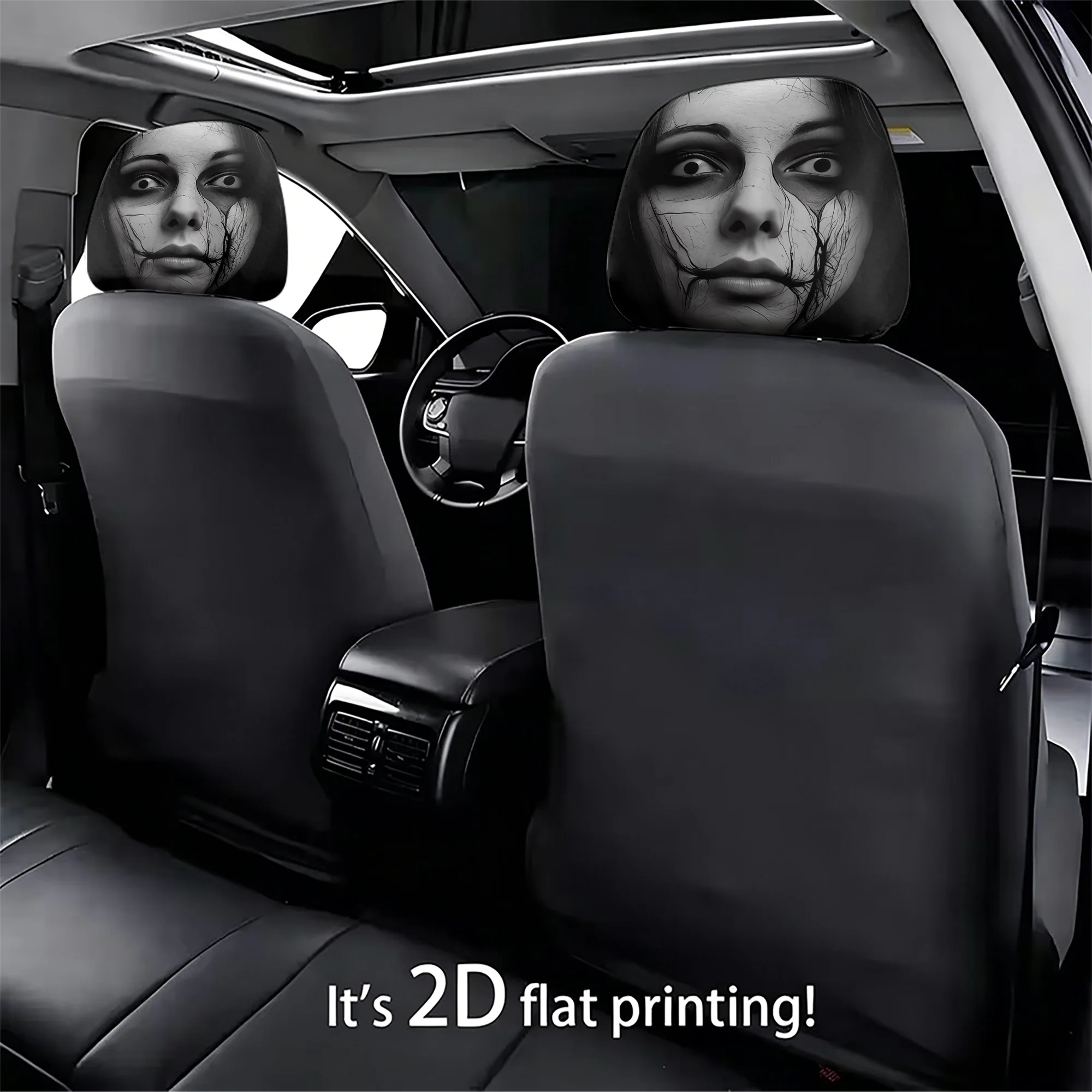 2pcs Spooky Face-Themed Car Headrest Covers to Add a Spine-Chilling Atmosphere to Your Car’s Interior. Filling Not Included.