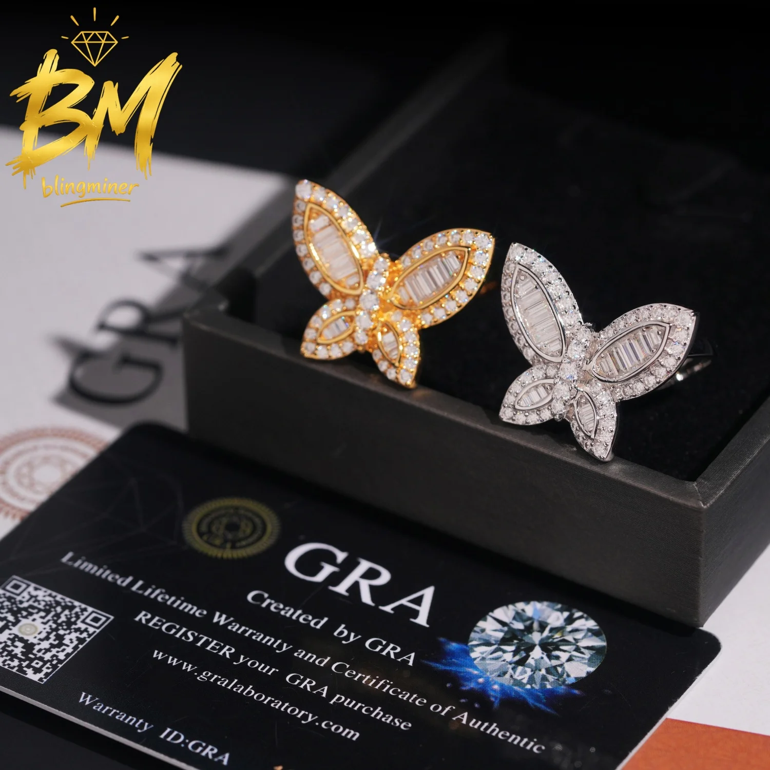 Blingminer Luxury Butterfly VVS Moissanite Rings S925 Silver For Men Women Finger Jewelry Pass Diamonds Tester Free Shipping
