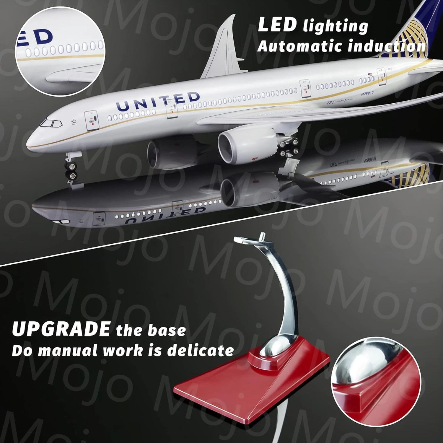 1:130 Scale 43cm 787 Boeing Jet United Airlines B787 Planes Model Die-Cast Resin Aircraft Ornament with LED Lights for Gift Givi