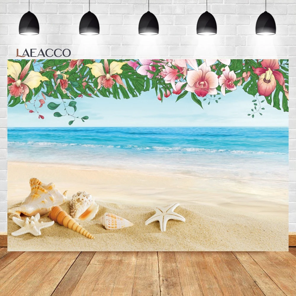 Laeacco Seaside Beach Backdrop Starfish Conch Mussel Shells Shell Pure White Sandbeach  Summer Holiday Photography Background