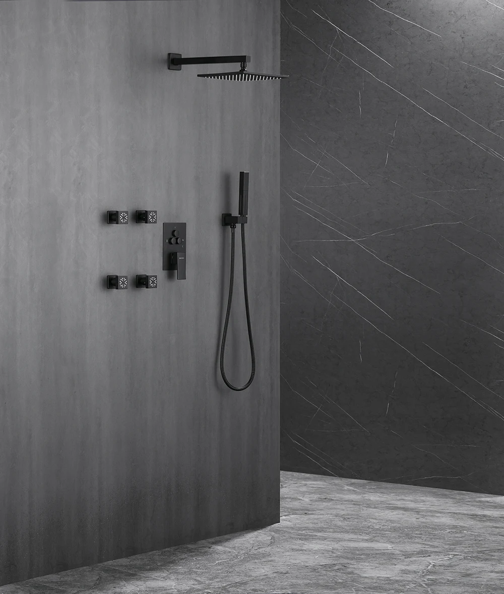 Modern 12 Inch Ceiling Rain Shower System Flush-Mounted shower concealed mixer  system faucet sets With body jets black