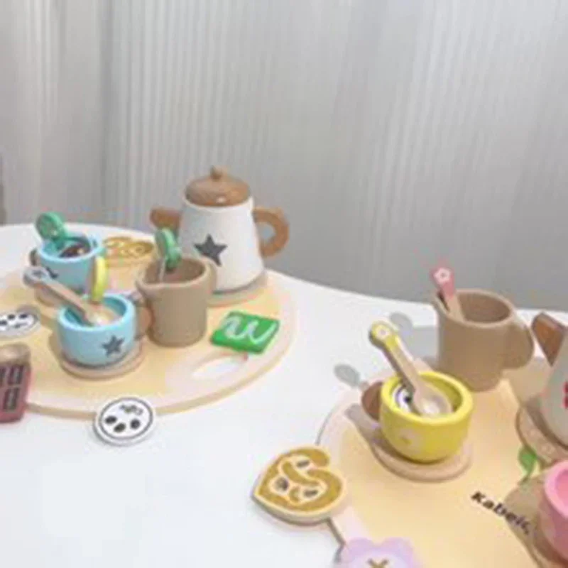 Service à thé en bois pour petites filles, jouets en bois, service à thé pour tout-petits, accessoires de cuisine pour enfants, jouets de fête de thé