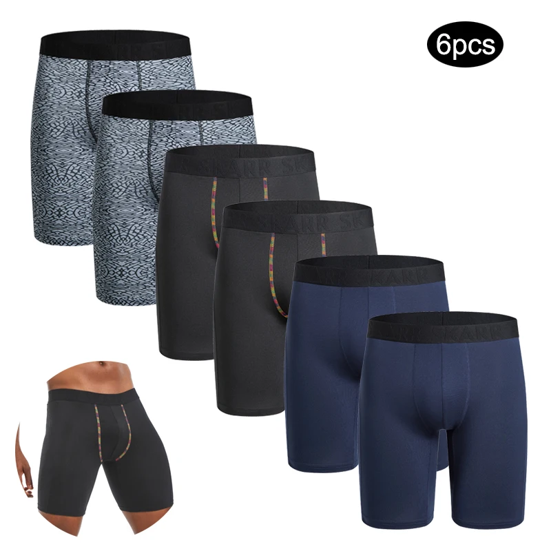 6 stks mannen lange Slipje Merk heren boxers ondergoed voor man set Polyester onderbroek mannen Sexy Lange Been boxershorts Zachte Trunks