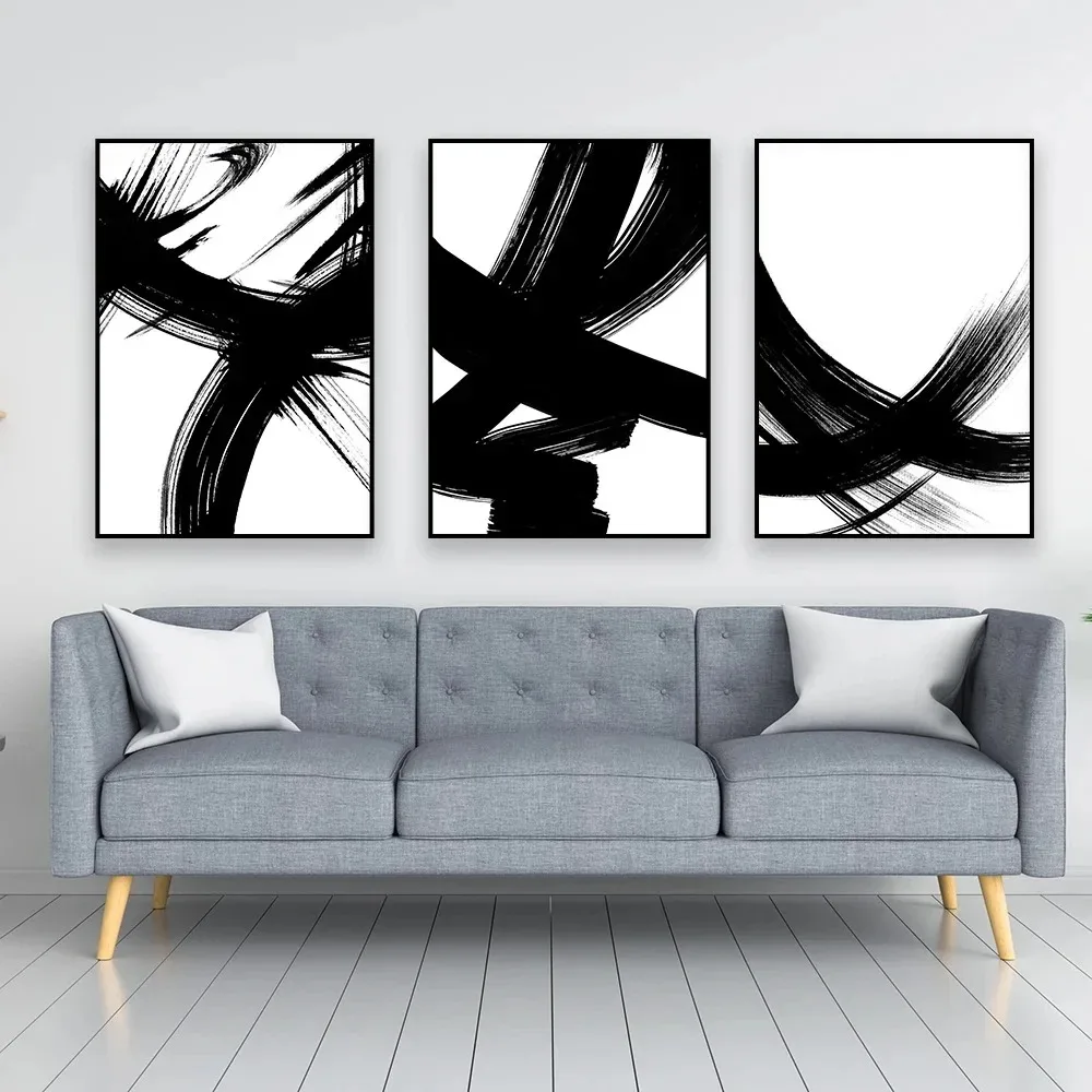 Abstract Canvas Painting Poster Minimalist Black and White Brush Print Modern Gallery Wall Decor Home Living Room Decor