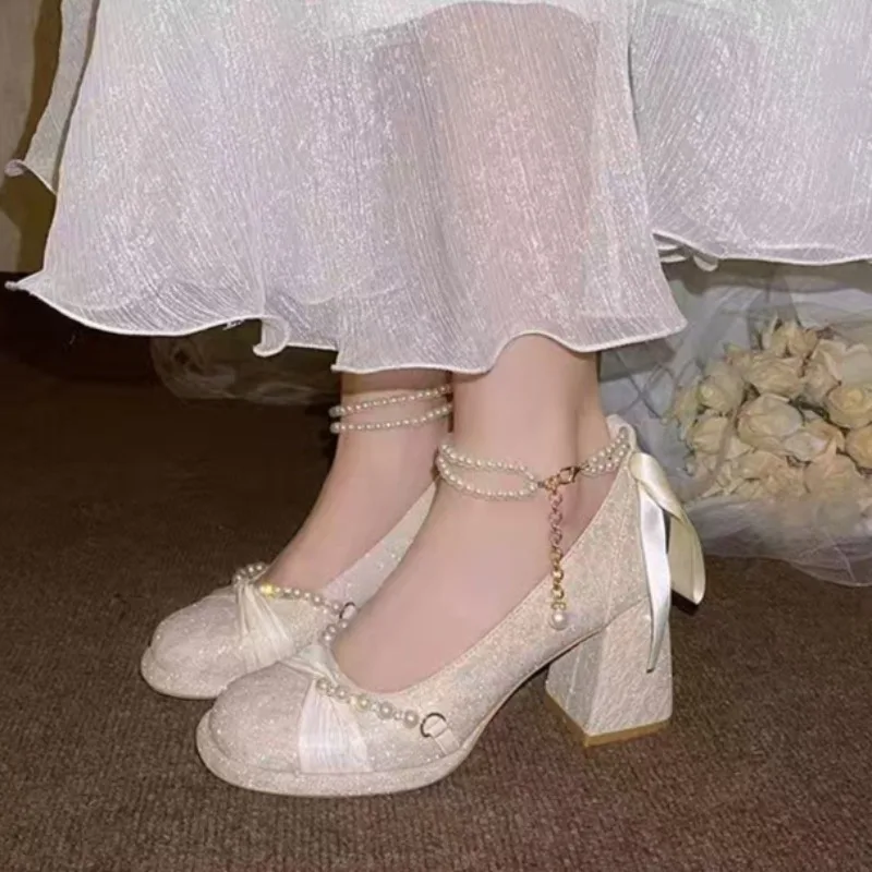 2026 New Glitter Pearl Chain Bow Decor Elegant Women's High Heel Lolita Shoes Fashion Solid Color Square Heel Single Shoes