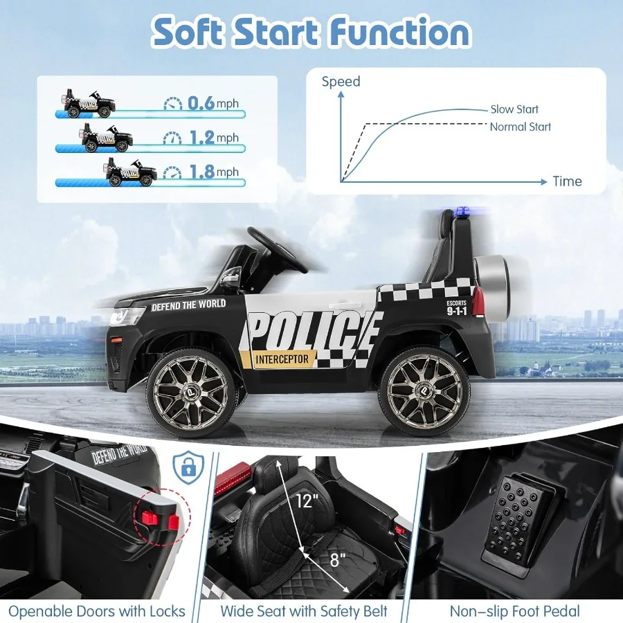 Police Car Ride on 12V Battery Powered Toy Cop Cars w/Remote Control LED Flashing Lights Music Horn Siren Spring Suspension Ele