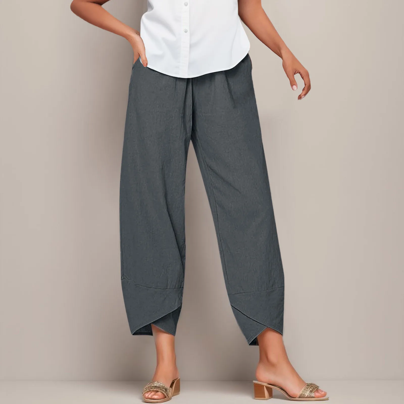 Pantalones holgados de cintura alta para mujer, pantalón de bolsillo, sólido, elástico, informal, a la moda, nueve minutos