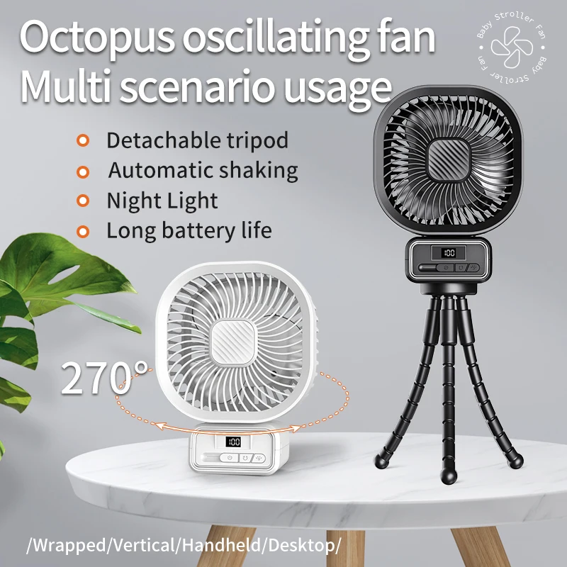 

5000mAh Stroller Fan Multifunctional Handheld Standable Hung Wrap 3 Gear Octopus Oscillating Fan Portable Baby Cart Fan LED Lamp